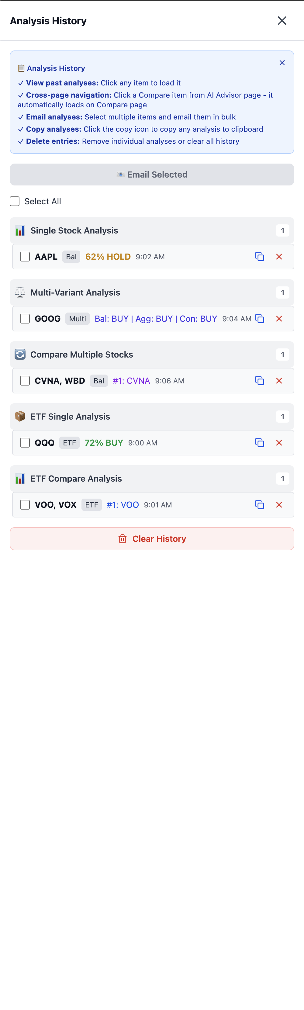 Analysis History sidebar